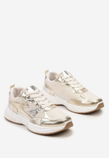 Złote Sneakersy Sznurowane Ozdobione Wstawkami z Materiału Eanfla