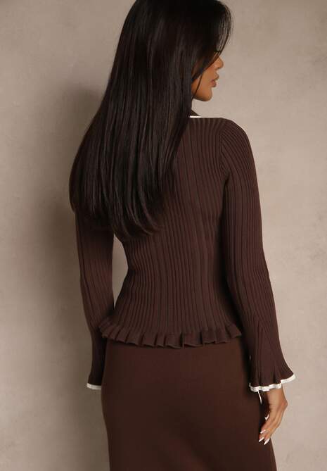 Brązowy Sweter Retro z Wiskozą Zdobiony Kołnierzykiem Falbankami i Guzikami Sirrise
