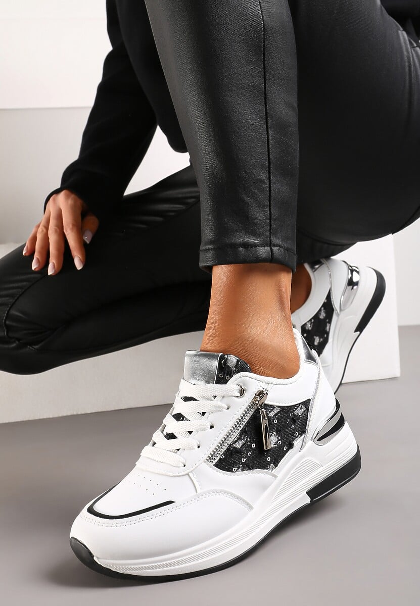 Biało-Srebrne Sneakersy na Koturnie z Ozdobną Wstawką z Suwakiem i Sznurowaniem Dastas