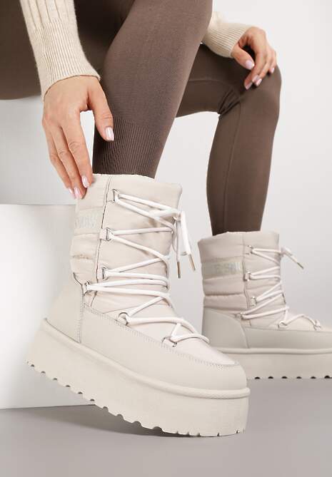 Beżowe Śniegowce na Platformie z Ozdobnym Wiązaniem Zingie