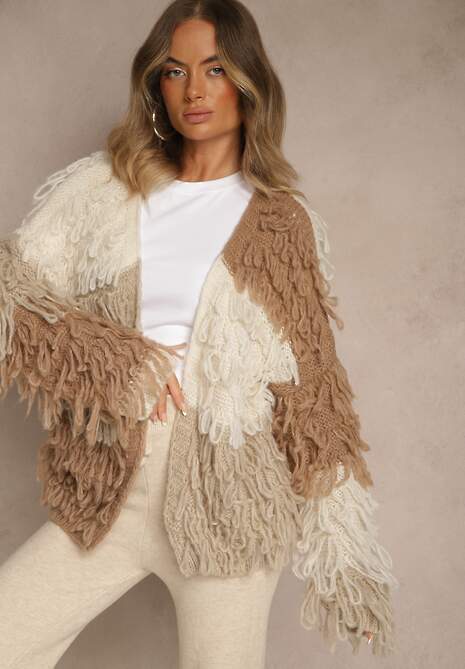 Beżowy Kardigan Bez Zapięć z Domieszką Wełny Zdobiony Imitacją Piór Lanitia