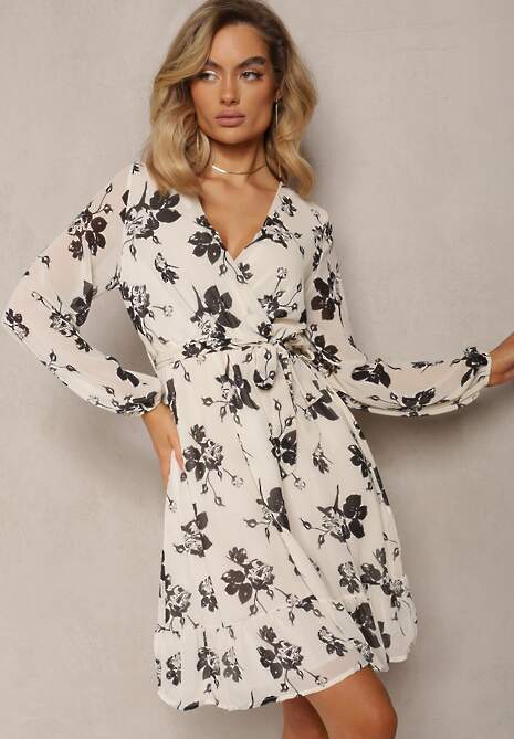 Biała Rozkloszowana Sukienka Mini w Kwiaty i Gumką w Pasie Elandri