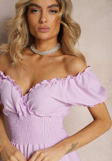 Fioletowa Sukienka z Wiskozy z Gumką w Talii i Kopertowym Dekoltem Rhoneri