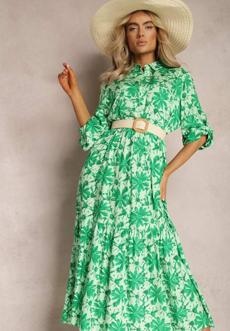 Zielona Rozkoszowana Sukienka z Koszulową Górą i Wzorem w Kwiaty Nealavin