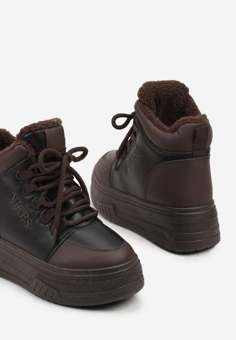 Czarno-Brązowe Sneakersy Śniegowce Vices na Tłoczonej Platformie z Napisem Olinnea
