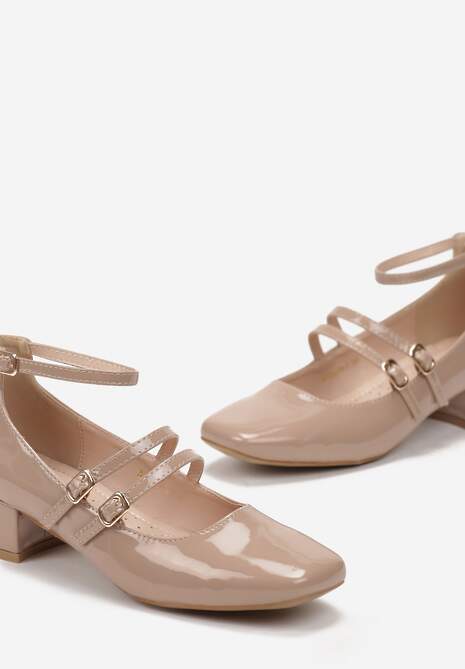 Beżowe Czółenka na Niskim Słupku z Trzema Cienkimi Paseczkami Minahilda