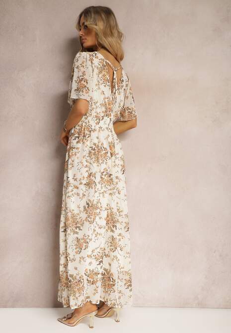 Beżowa Sukienka Kopertowa z Krótkim Rękawem Wiązana z Tyłu z Gumką w Talii Cristola