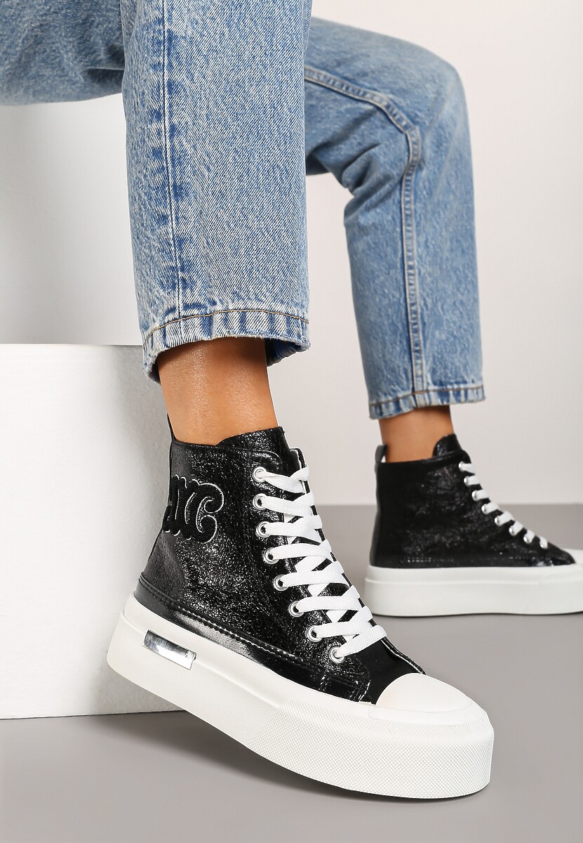 Czarne Trampki za Kostkę na Platformie z Ozdobną Wstawką Mesidra