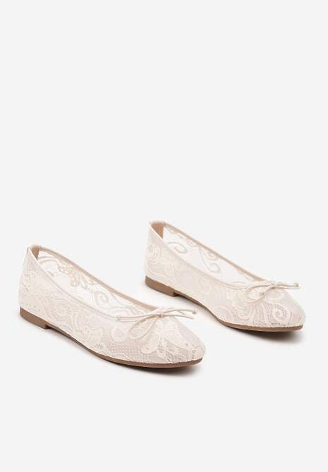 Beżowe Koronkowe Balerinki Zdobione Delikatną Kokardką Senariana