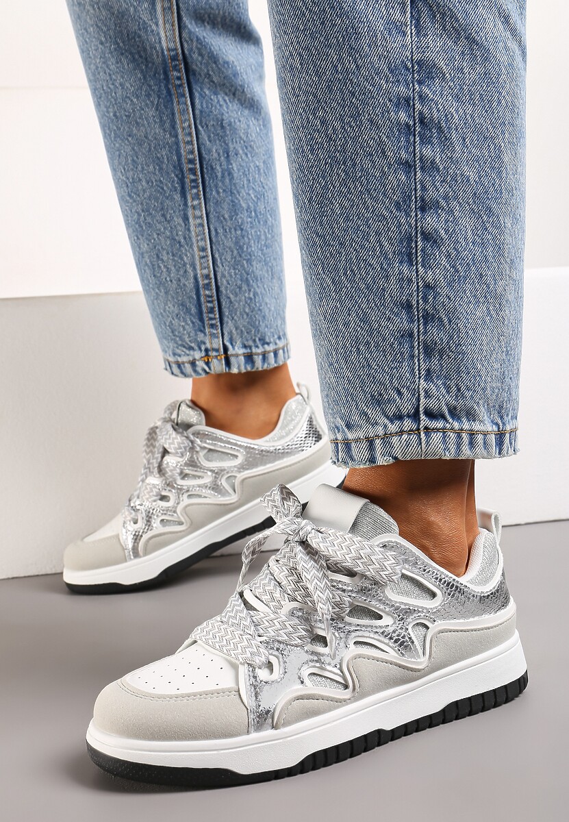 Srebrne Sneakersy z Metalicznym Błyskiem i Podwójnym Sznurowaniem Piniara