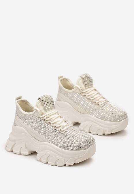 Beżowe Sneakersy na Platformie z Cholewką z Cyrkoniami Harilena