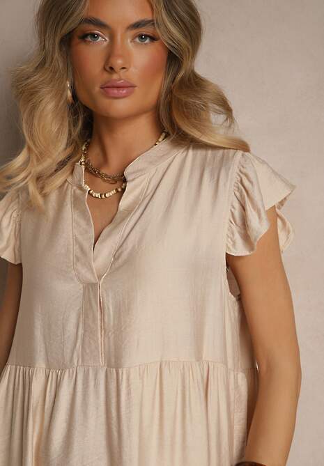 Beżowa Rozkloszowana Sukienka z Dekoltem w Kształcie Litery V Mevamara