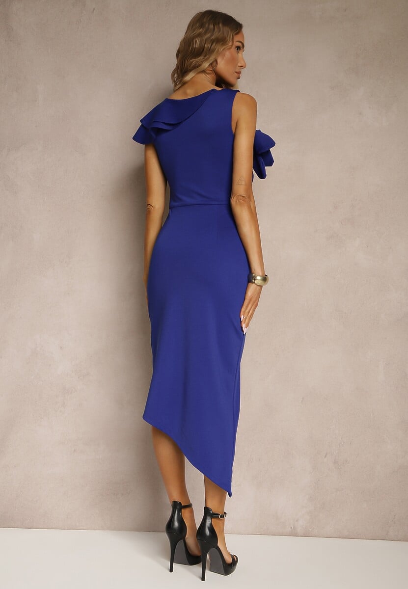 Niebieska Koktajlowa Asymetryczna Sukienka Vices z Kwiatem 3D i Falbankami Tolelira