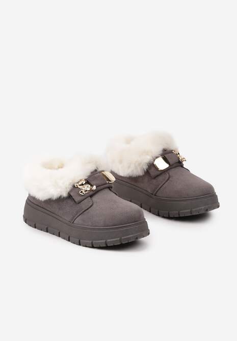 Szare Śniegowce na Platformie z Metaliczną Ozdobą i Futerkiem Mazizia