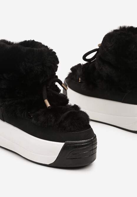 Czarne Futerkowe Śniegowce Wsuwane na Platformie z Imitacją Sznurówek Linettia