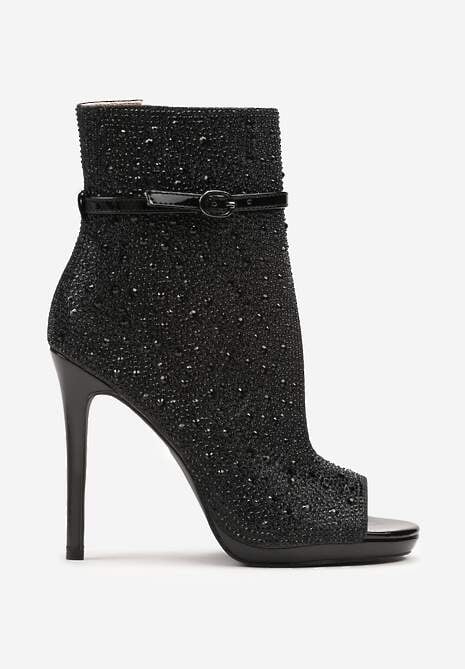 Czarne Asymetryczne Sandały na Szpilce Ozdobione Cyrkoniami Selamin