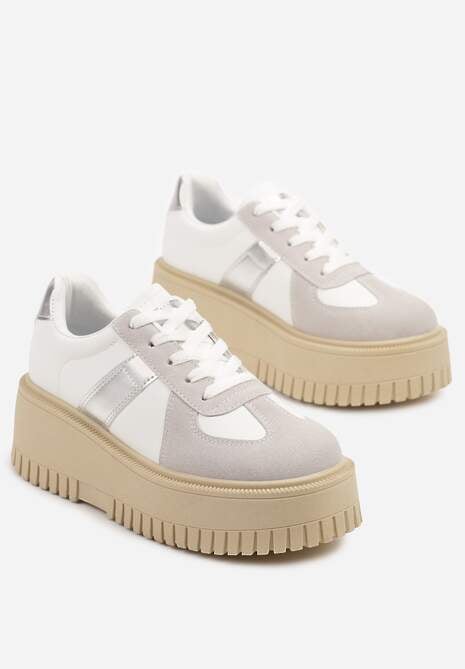 Biało-Szare Sneakersy na Platformie Ozdobione Paskiem Vivesse