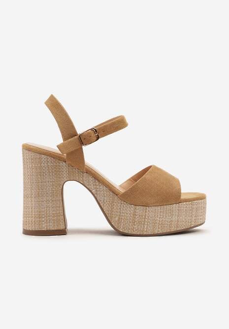 Brązowe Wysokie Sandały na Słupku i Platformie Zapinane na Sprzączkę Walower