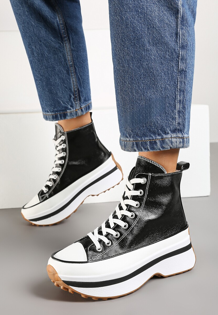 Czarne Sznurowane Trampki za Kostkę na Platformie Ealsevia