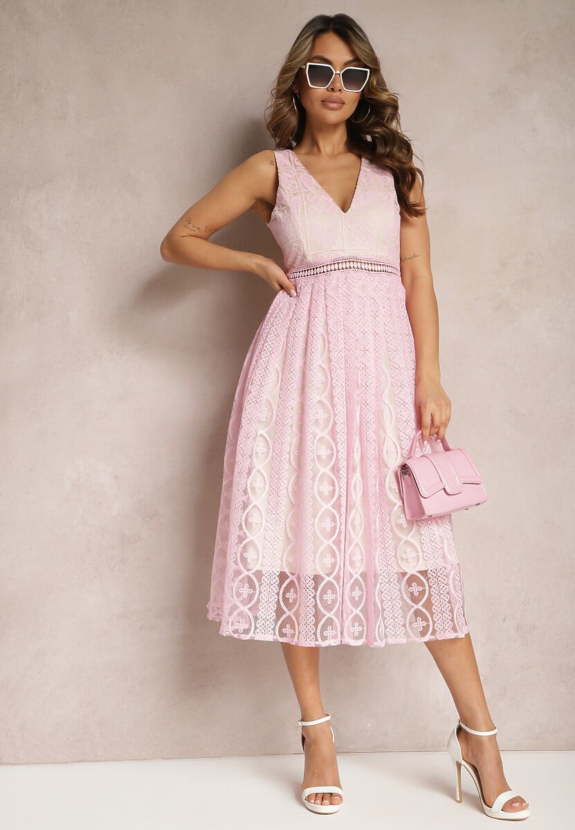 Różowa Plisowana Sukienka na Ramiączkach z Ozdobnym Wzorem i Suwakiem Mirilla