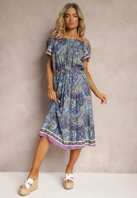 Niebieska Sukienka Hiszpanka z Bawełnianej Tkaniny we Wzór Paisley Arissela