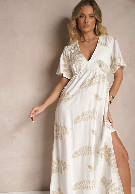 Biała Rozkloszowana Sukienka z Wiskozy Ozdobiona Haftowanymi Liśćmi Tirvesa