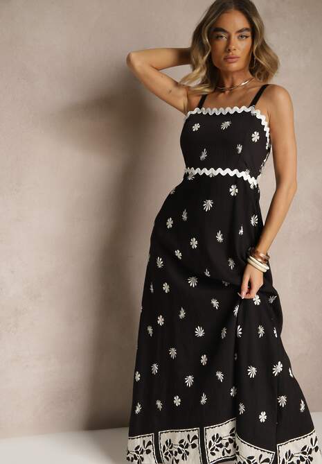 Czarna Sukienka z Wiskozy Ozdobiona Geometrycznym Motywem Lunessa