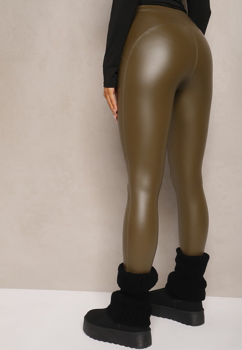 Zielone Legginsy z Imitacji Skóry High Waist z Polarem Labrinne