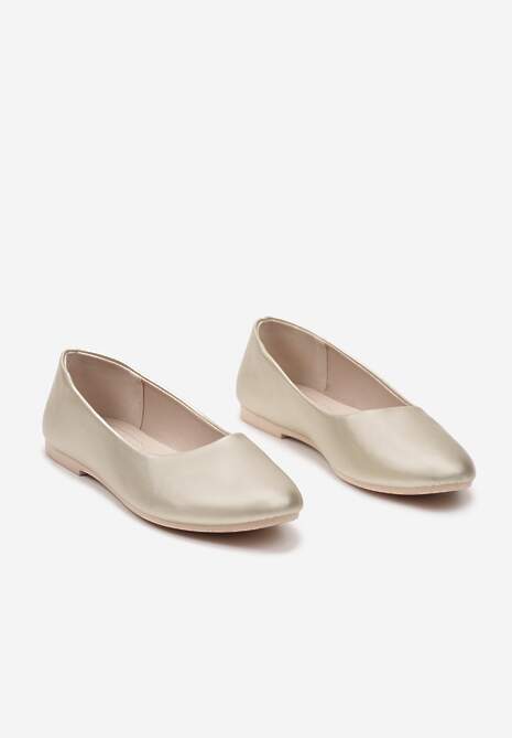 Złote Płaskie Balerinki z Imitacji Skóry Wsuwane z Okrągłym Noskiem  Jemenna