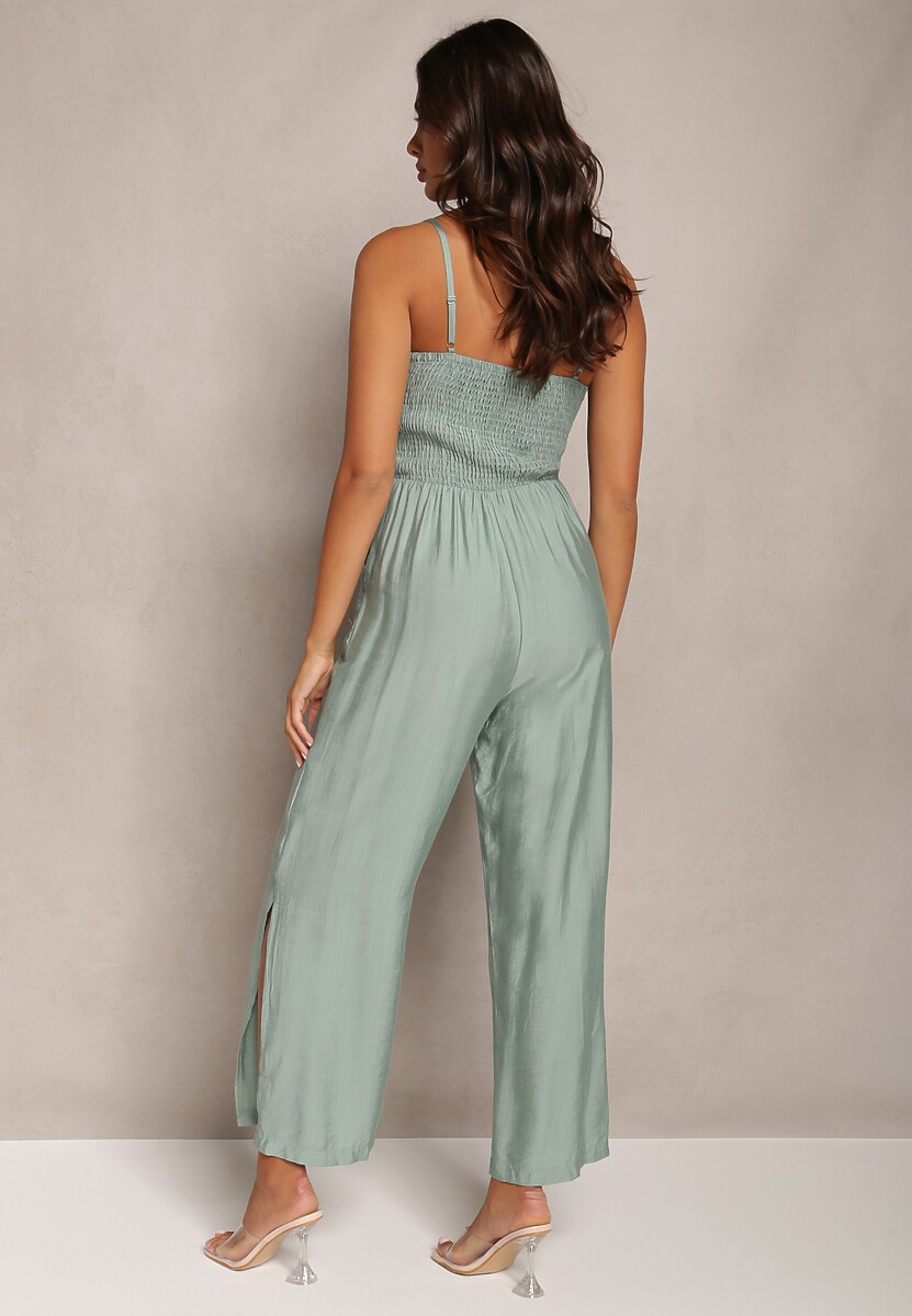 Zielony Długi Kombinezon z Szerokimi Nogawkami na Cienkich Ramiączkach Jemanne