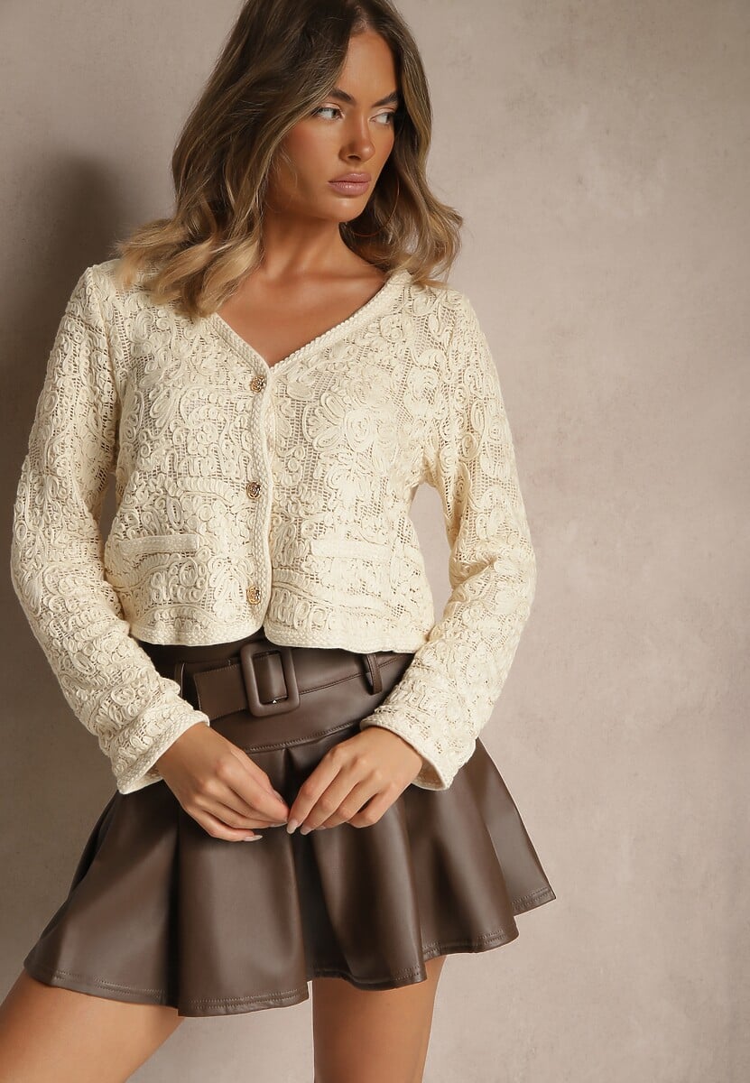 Beżowy Haftowany Kardigan z Bawełny na Guziki Sarivna