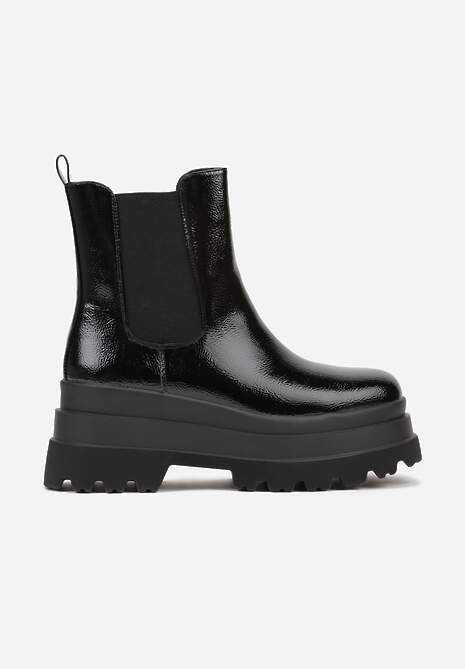 Czarne Botki Sztyblety Lakierowane na Platformie z Tłoczeniem Tevirra