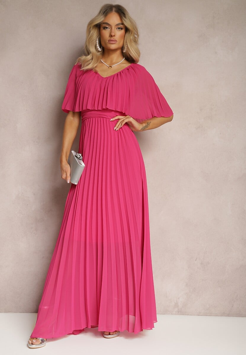 Jasnoniebieska Plisowana Sukienka z Gumką w Pasie z Falbaną Przy Dekolcie Drenia