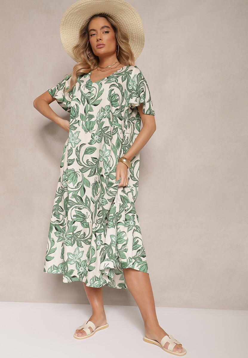 Zielona Sukienka Wiskozowa o Pudełkowym Kroju w Kwiatowy Print Ranisla