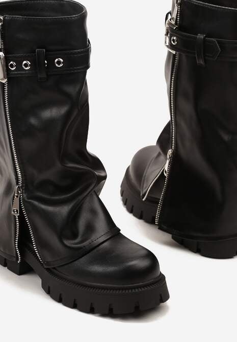 Czarne Botki Workery z Wywiniętą Cholewką Ozdobione Suwakiem i Klamrą Lelune