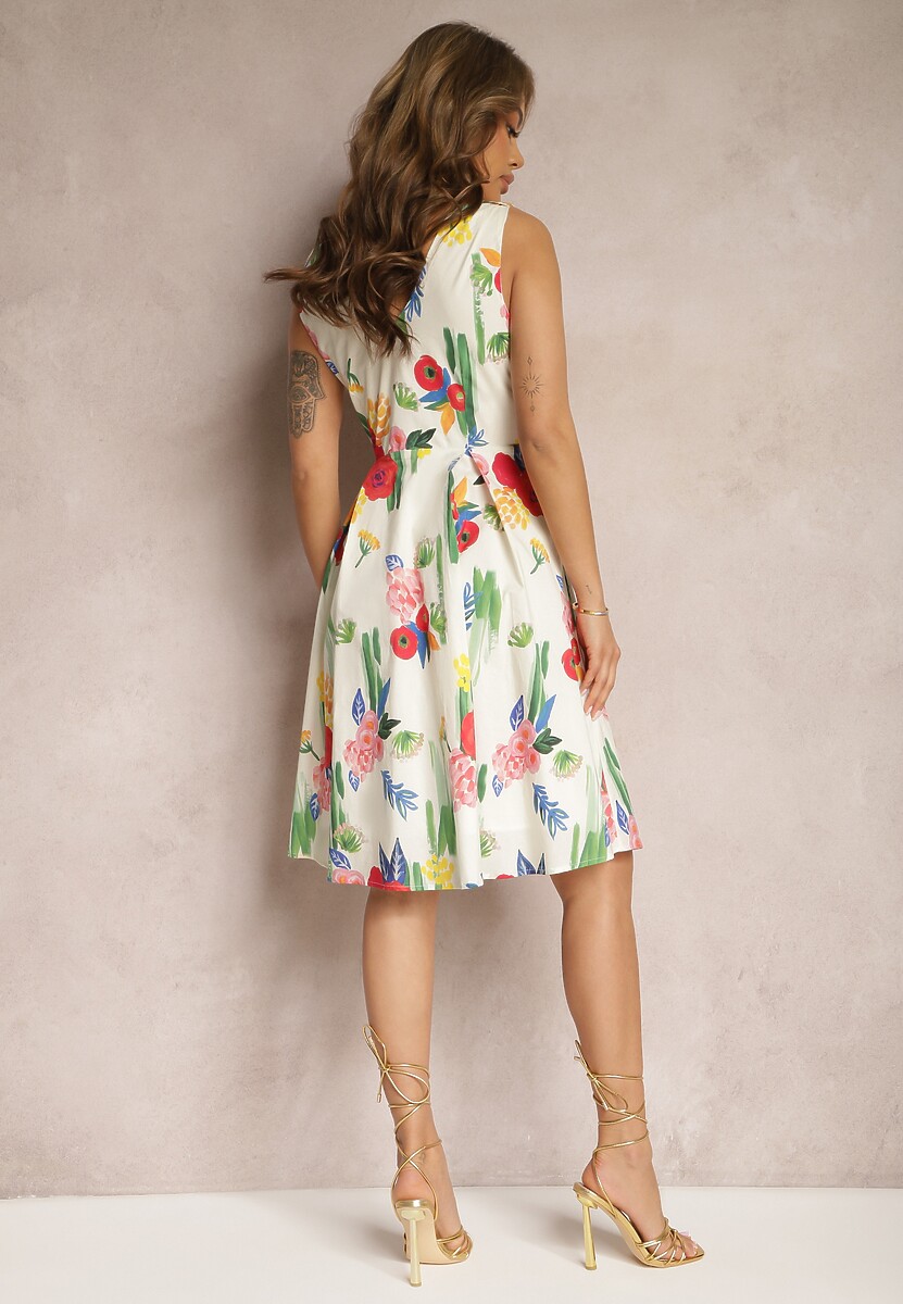 Biała Sukienka z Bawełny o Rozkloszowanym Fasonie w Kwiecisty Wzór Arunica