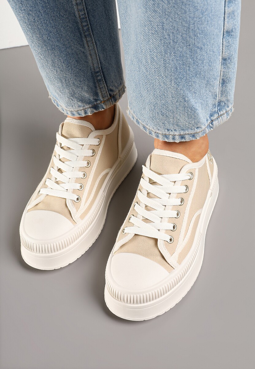 Ciemnobeżowe Trampki na Platformie z Metaliczną Ozdobą Afleeria