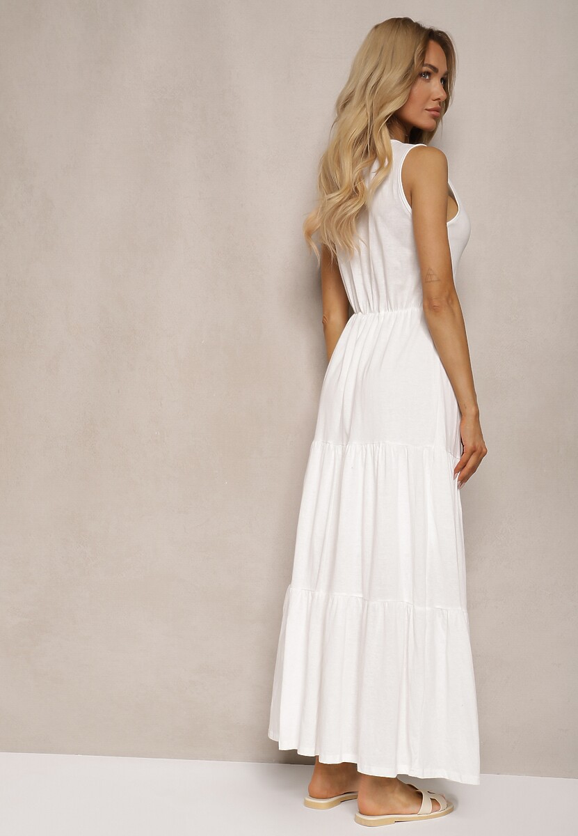 Biała Rozkloszowana Sukienka Maxi z Bawełnianej Tkaniny Galaise
