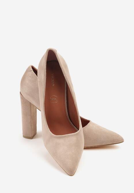 Ciemnobeżowe Klasyczne Czółenka Vices na Słupkowym Obcasie ze Skórzaną Wkładką Divira