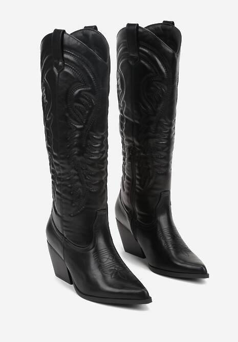 Czarne Kozaki Kowbojki na Stożkowym Obcasie Zdobione Przeszyciami Lumifera