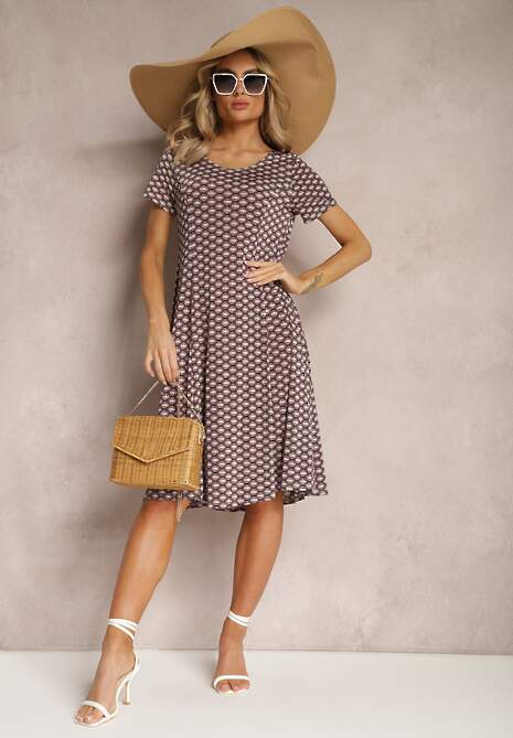 Bordowo-Beżowa Wiskozowa Sukienka o Rozkloszowanym Fasonie Ibelia