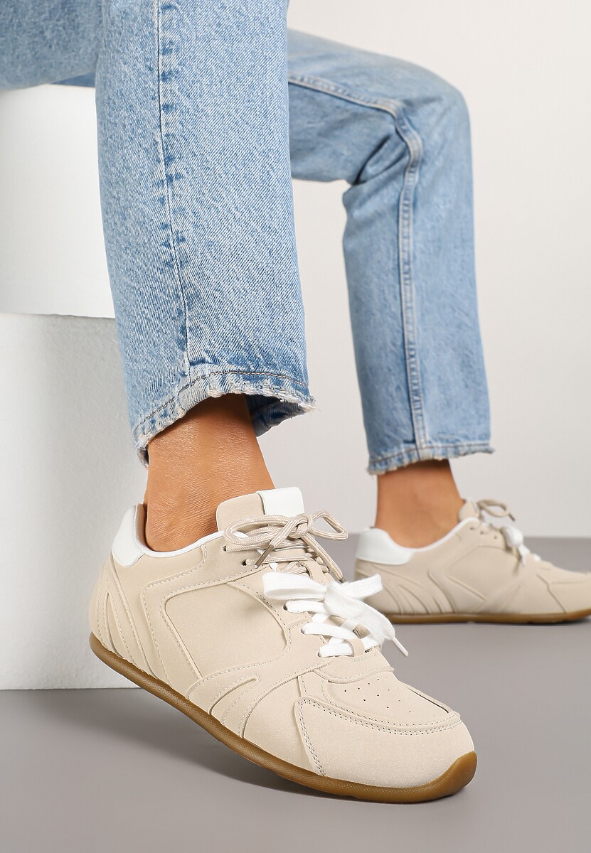 Beżowe Sneakersy Ozdobione Przeszyciami i Podwójnym Sznurowaniem Telisaria