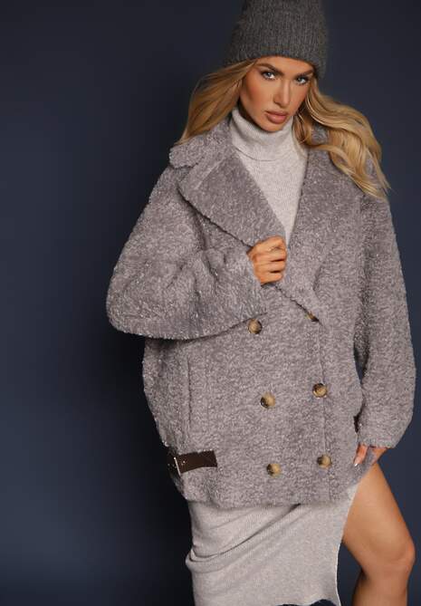 Szara Futrzana Kurtka Typu Baranek z Ozdobnymi Paskami i Dwurzędowym Zapięciem Nikira