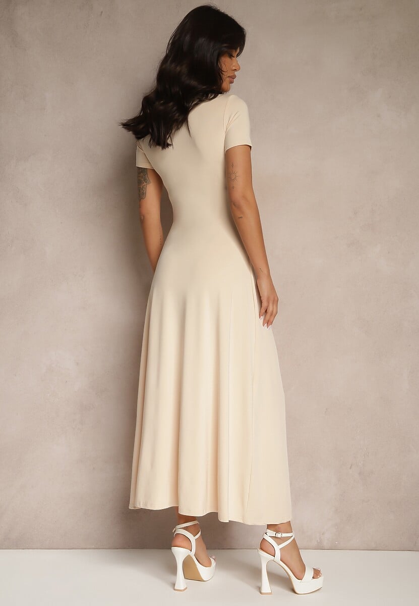 Jasnobeżowa Taliowana Sukienka z Krótkim Rękawem Liranisea