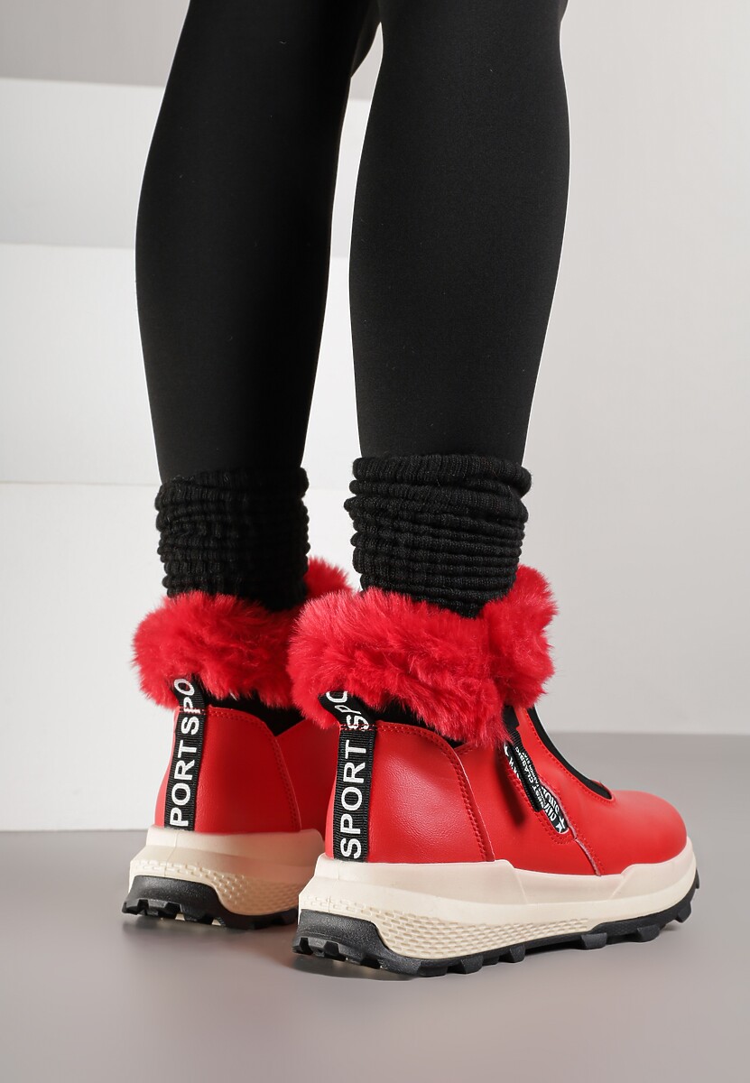 Czerwone Śniegowce za Kostkę z Nadrukiem i Futerkiem Glemenia