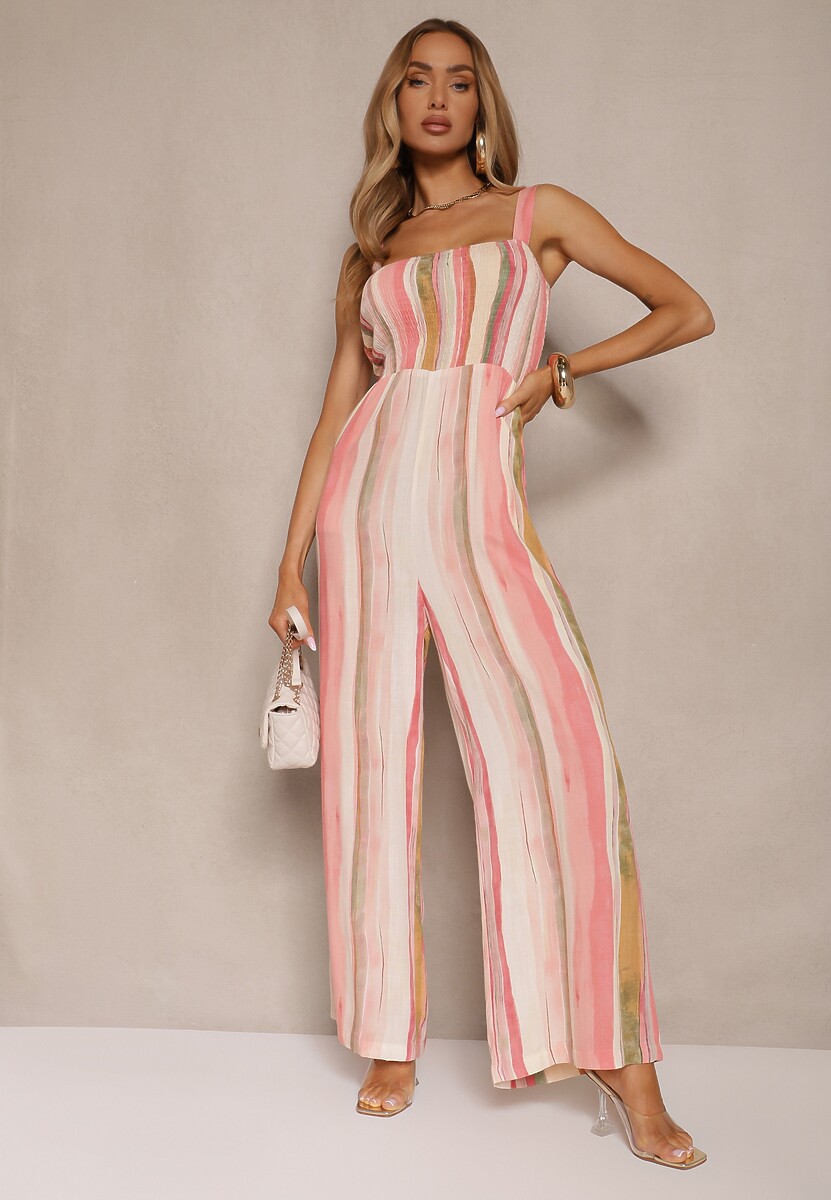 Różowy Wiskozowy Kombinezon Wide Leg na Szerokich Ramiączkach Efronia