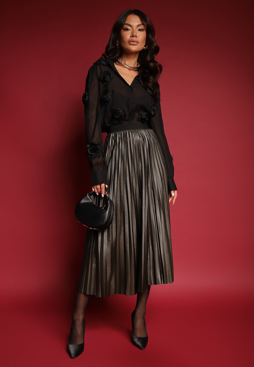 Ciemnozielona Plisowana Spódnica Rozkloszowana z Gumką w Talii Noriri