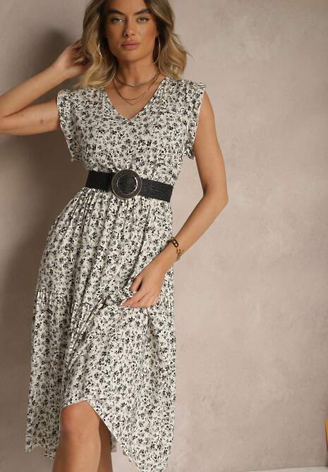 Beżowo-Granatowa Rozkloszowana Sukienka z Bawełny z Dekoltem w Serek Zdobiona Falbanami Iffilara