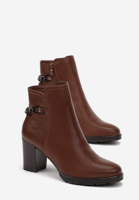 Brązowe Botki za Kostkę na Słupku z Łańcuszkiem Aranthea