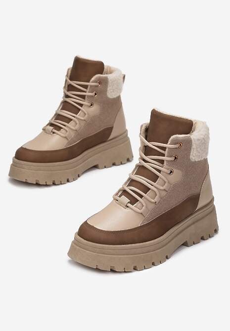 Ciemnobeżowe Traperki  Sznurowane Trapery Janne
